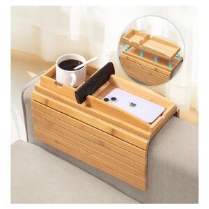 Bamboo Couch Arm Tray Table 2-in-1 Detachable Sofa Tray with Slidable Cup Holder